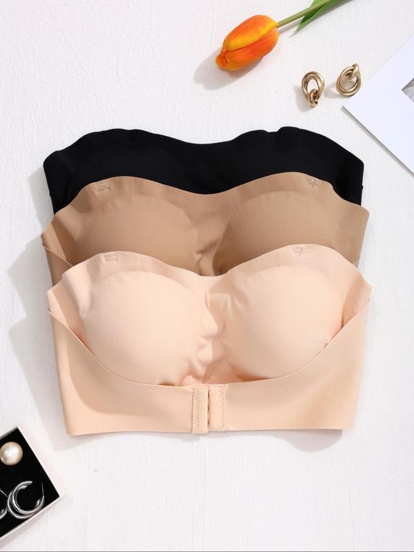 Women's Solid Color Push Up Bra with Transparent Shoulder Strap, Soft Comfortable Breathable Seamless Strapless Wireless Bra, Women's Lingerie for All Seasons